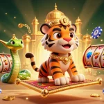 Spin on LUCK8's latest slots with a magical Arabian Nights theme illustration full of casino elements.
