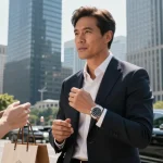 Person wearing rolex super clone watches in urban setting, showcasing elegance and style.