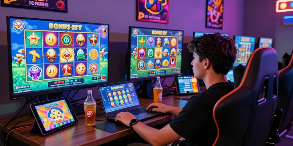 Excited player engaging with bonus buy slots in a vibrant gaming room atmosphere.