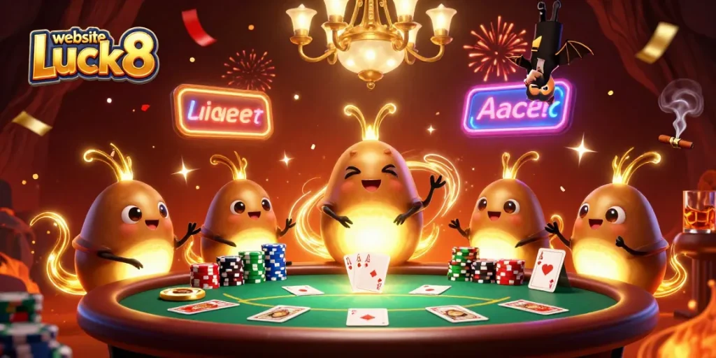 Engage with website Luck8's vibrant casino atmosphere, featuring glowworms illuminating a poker table.