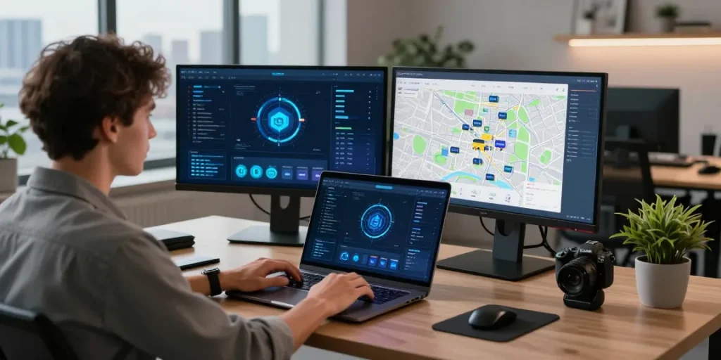 Discover the innovative world of rokok88 link alternatif as a user manages virtual properties in a modern workspace.