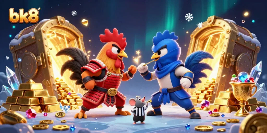 Experience thrilling action with bk8 featuring cartoon fighting roosters in an epic showdown.